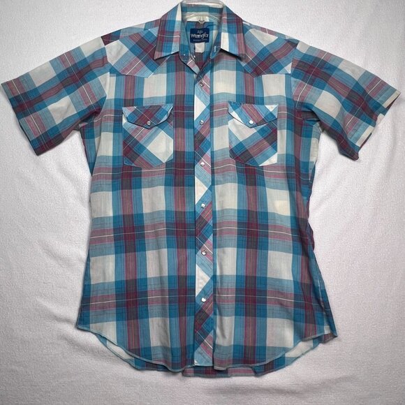 Wrangler Mens Med‎ Western Pearl Snap Short Sleeve Shirt Blue Red Plaid Grandpa - Picture 1 of 13
